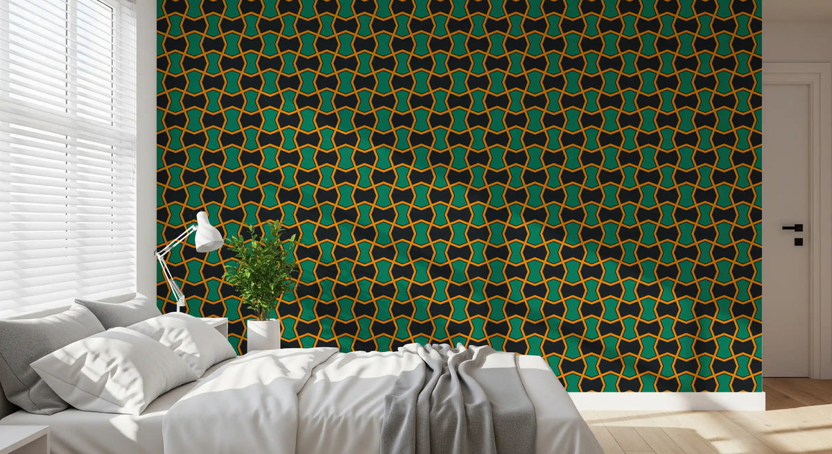 Koksgråt tapet med grøn art deco-gitter