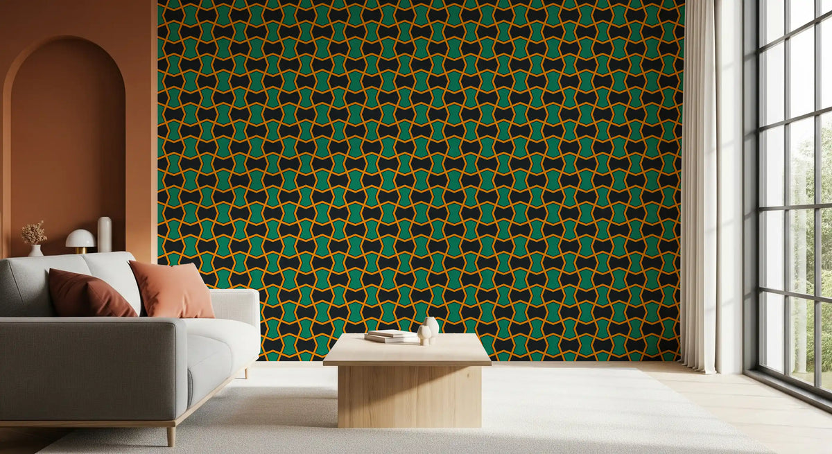 Koksgråt tapet med grøn art deco-gitter