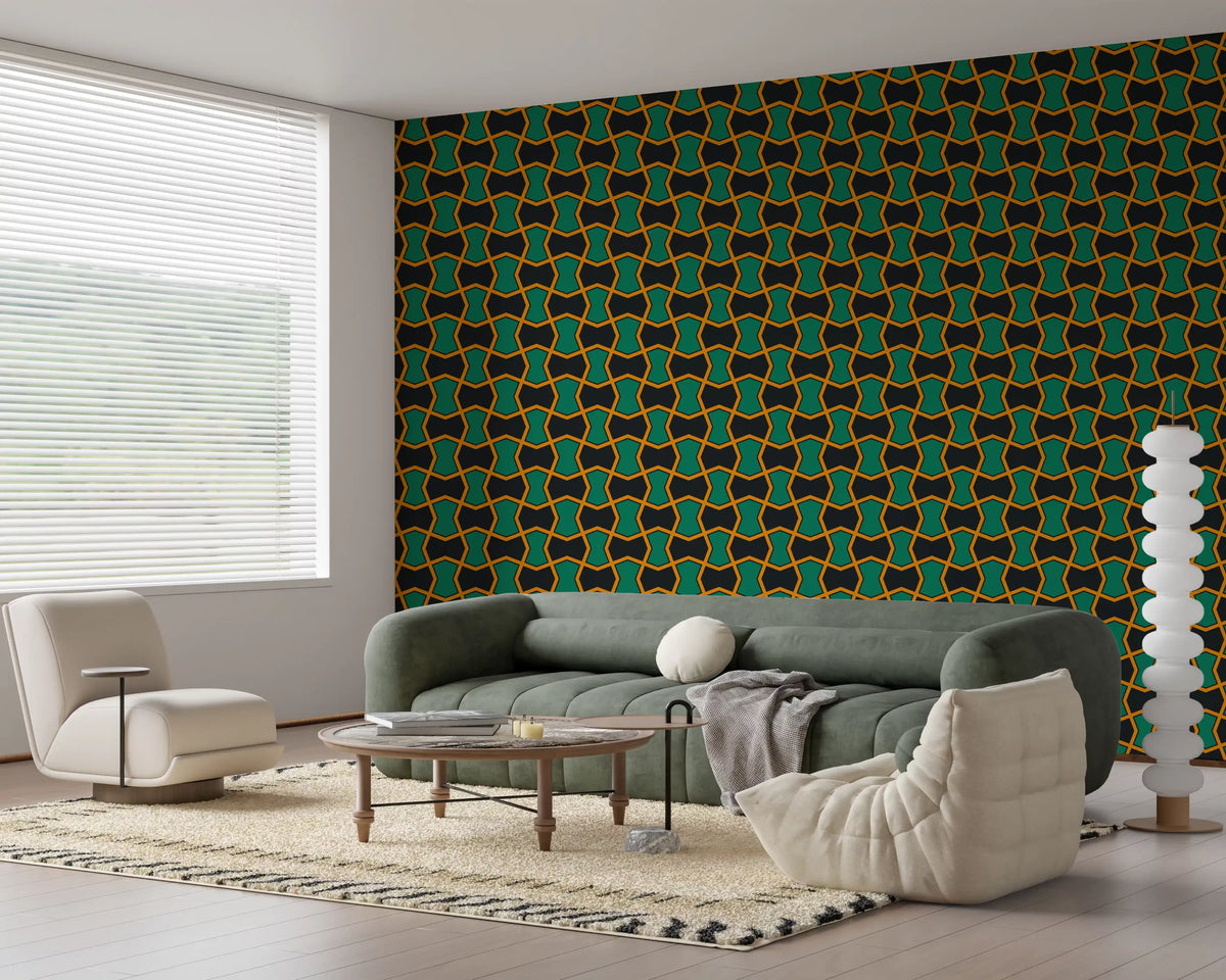 Koksgråt tapet med grøn art deco-gitter