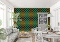 Koksgråt tapet med grøn art deco-gitter