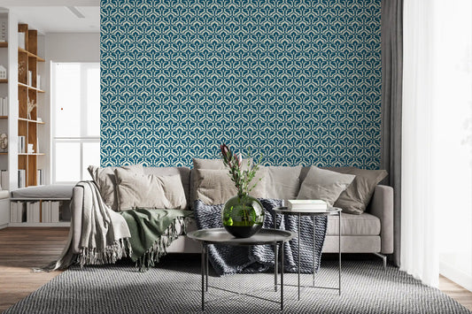 Indigo Damask Lattice Pattern Wallpaper⁠