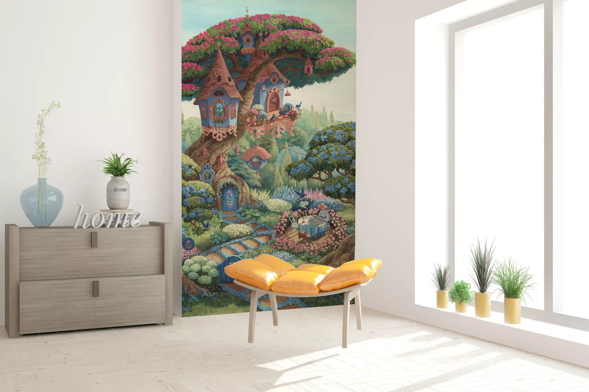 Verspieltes Wandbild „Gartenidylle mit Baumhaus“