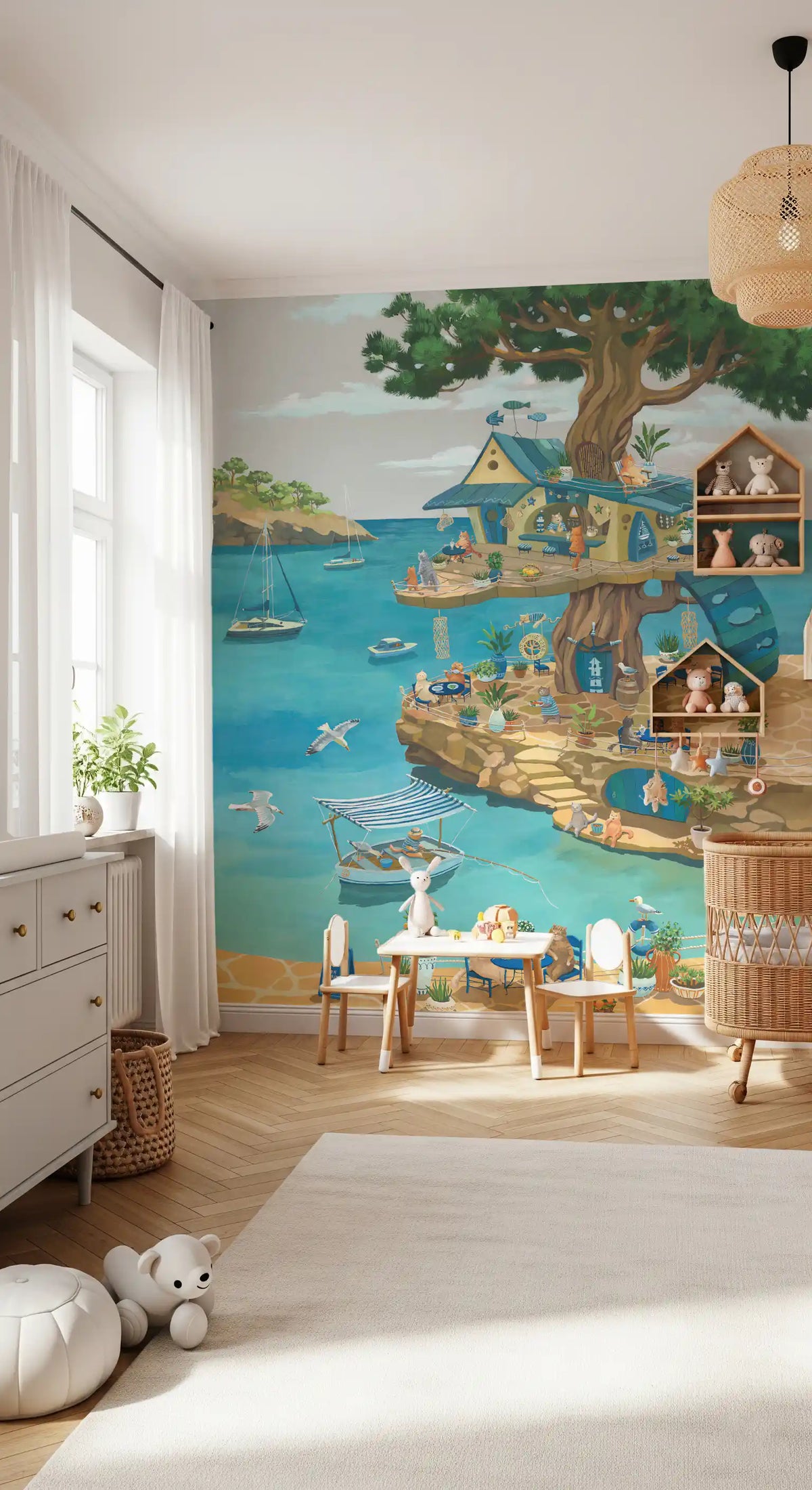 Mural ścienny „Nadmorska kawiarnia dla kotów - scena z domkiem na drzewie”