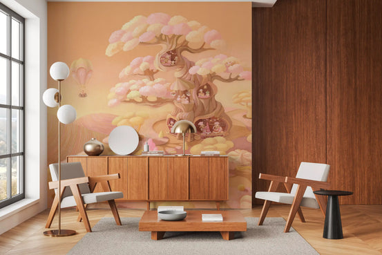 Mural de pared con escena de cafetería en un bosque de ensueño