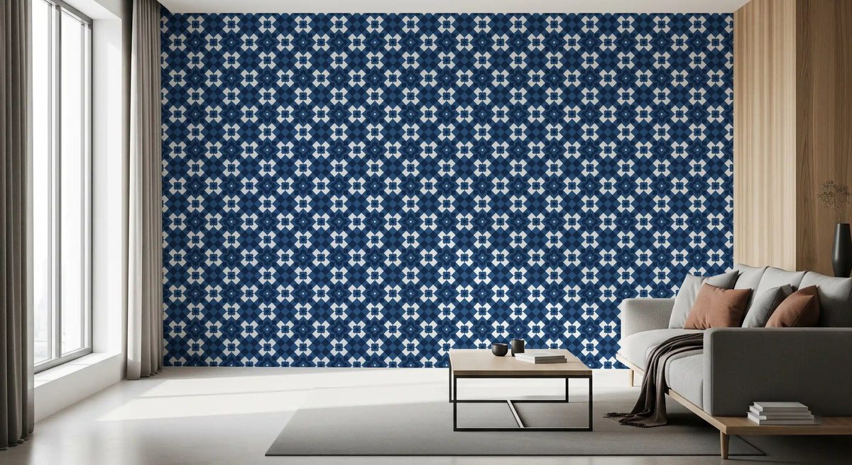 Papier peint à motif de carreaux losanges bleu marine nuit