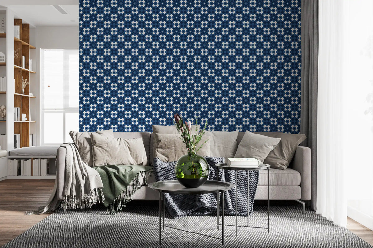 Papier peint à motif de carreaux losanges bleu marine nuit
