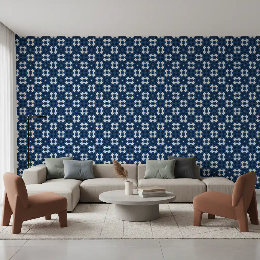 Papier peint à motif de carreaux losanges bleu marine nuit