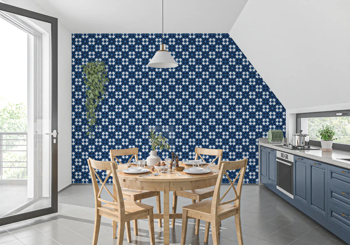 Papier peint à motif de carreaux losanges bleu marine nuit