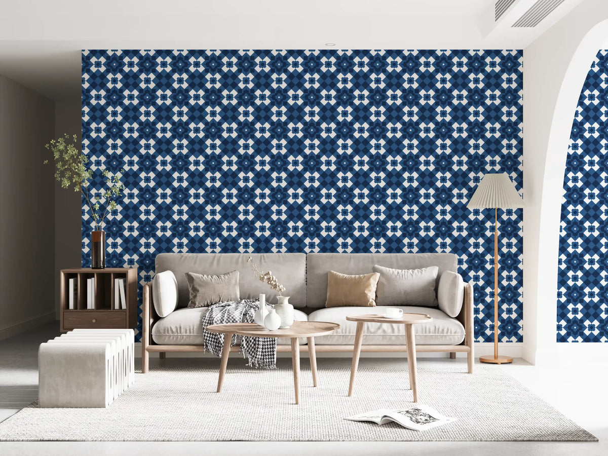 Papier peint à motif de carreaux losanges bleu marine nuit