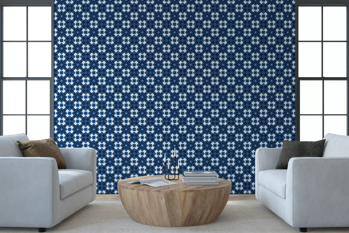 Papier peint à motif de carreaux losanges bleu marine nuit