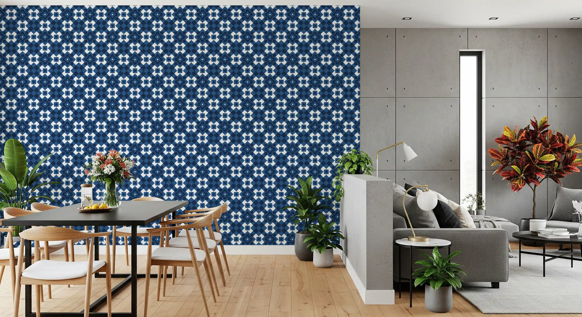 Papier peint à motif de carreaux losanges bleu marine nuit