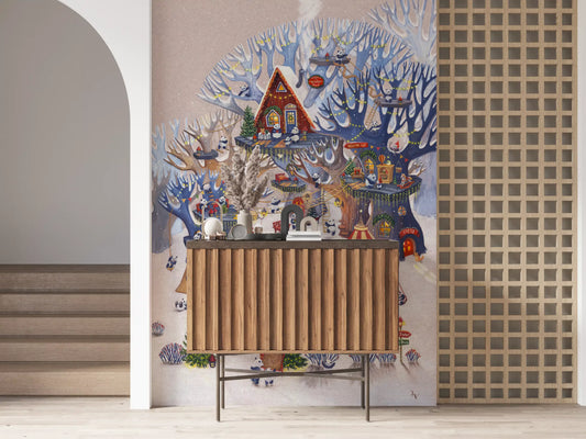 Panda treehouse mural on a stair landing behind a fluted wood sideboard and lattice screen GD13538