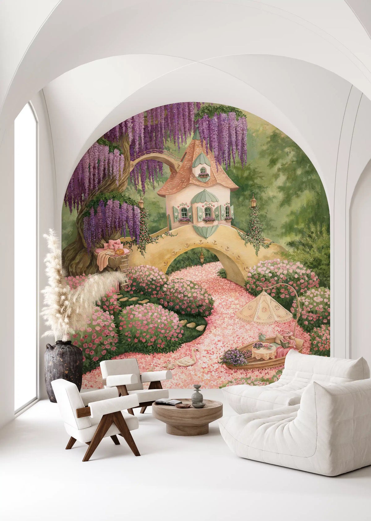 Fresque murale de cottage de jardin enchanté aux glycines