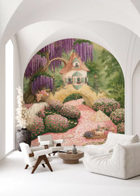 Fresque murale de cottage de jardin enchanté aux glycines