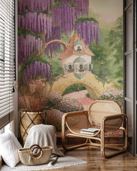 Fresque murale de cottage de jardin enchanté aux glycines