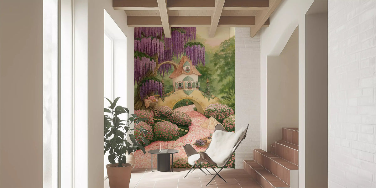 Fresque murale de cottage de jardin enchanté aux glycines