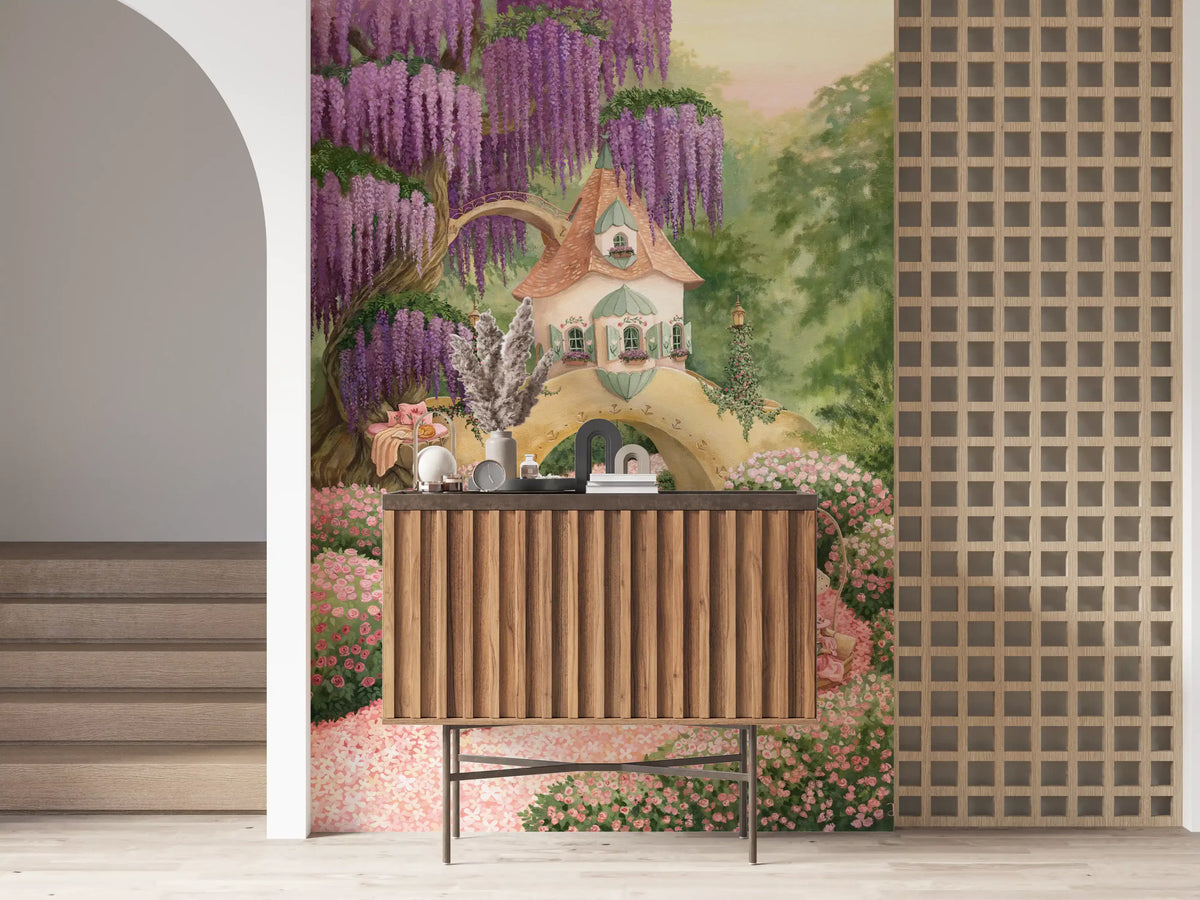 Fresque murale de cottage de jardin enchanté aux glycines