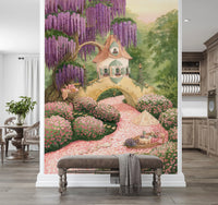 Fresque murale de cottage de jardin enchanté aux glycines