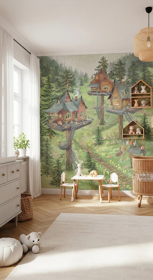 Verspieltes Wandbild mit einer Baumhaussiedlung im Wald