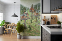 Verspieltes Wandbild mit einer Baumhaussiedlung im Wald
