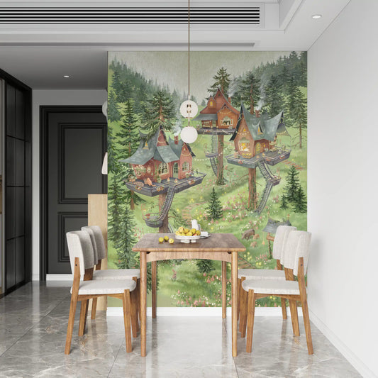 Verspieltes Wandbild mit einer Baumhaussiedlung im Wald