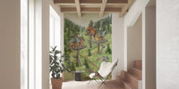 Verspieltes Wandbild mit einer Baumhaussiedlung im Wald