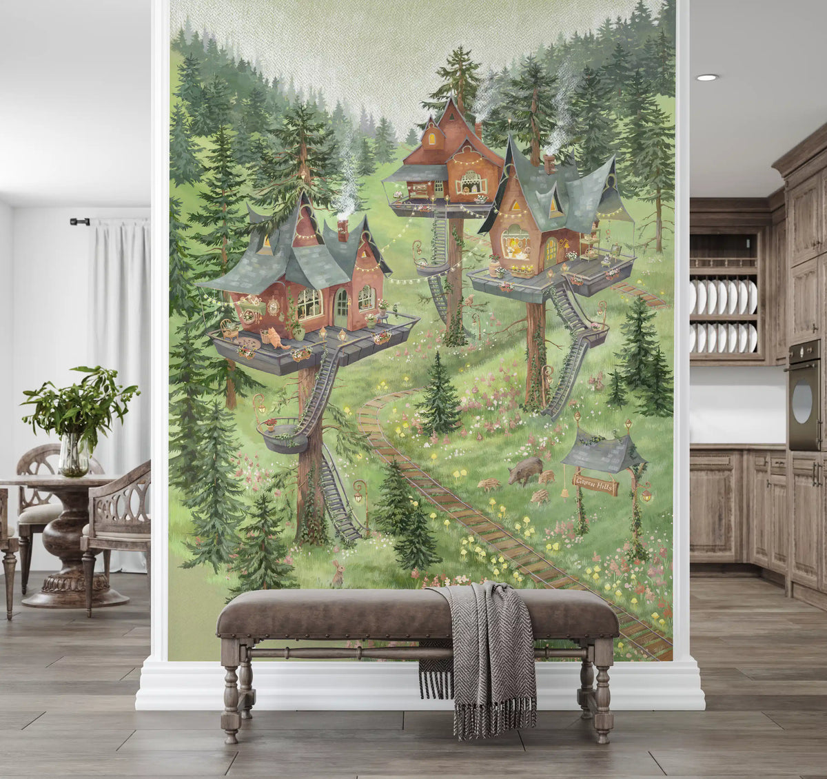 Verspieltes Wandbild mit einer Baumhaussiedlung im Wald