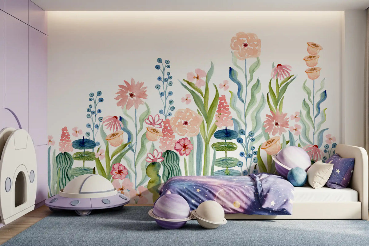 Wandbild „Botanischer Garten mit Aquarellblumenwiese“