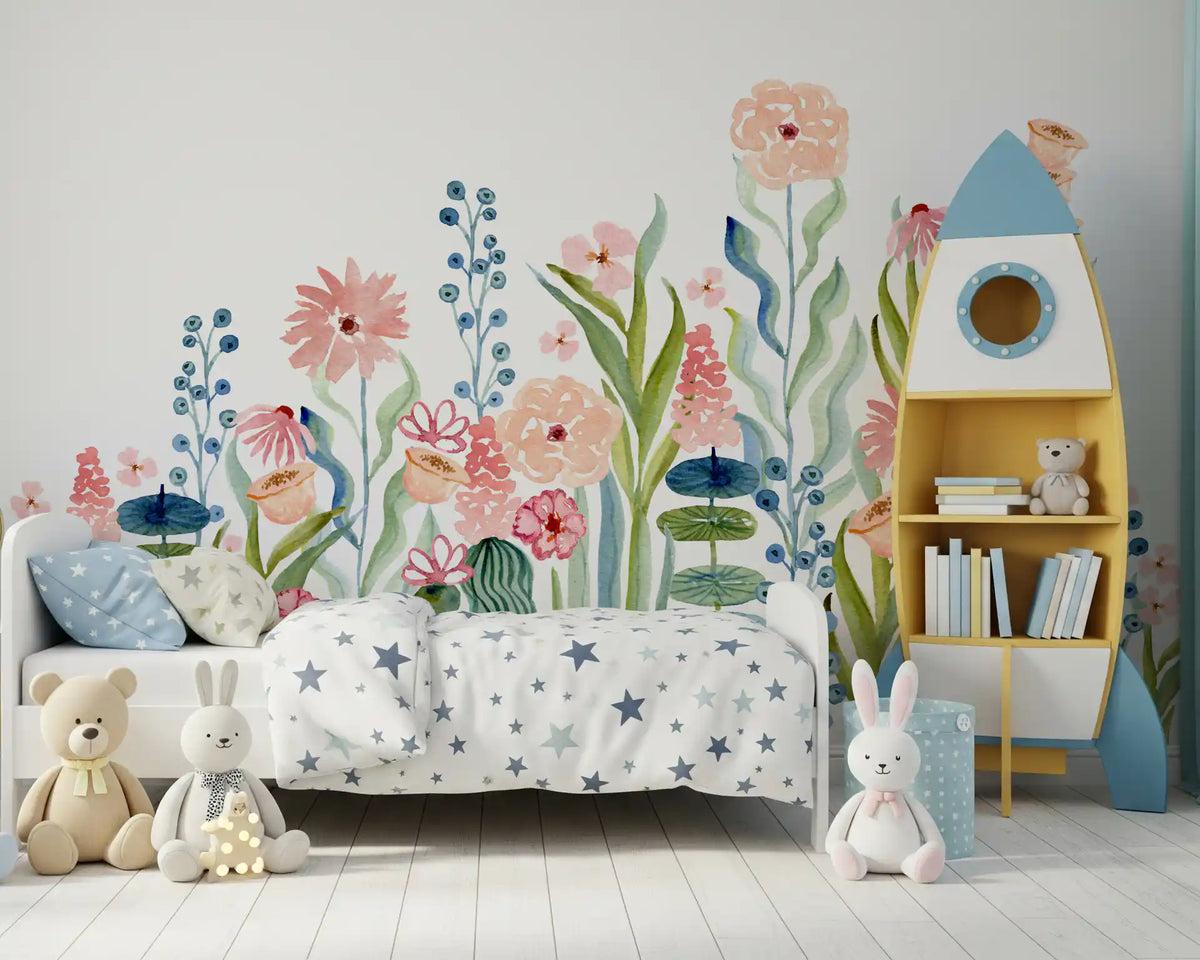 Wandbild „Botanischer Garten mit Aquarellblumenwiese“