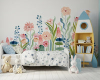 Wandbild „Botanischer Garten mit Aquarellblumenwiese“