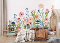 Wandbild „Botanischer Garten mit Aquarellblumenwiese“