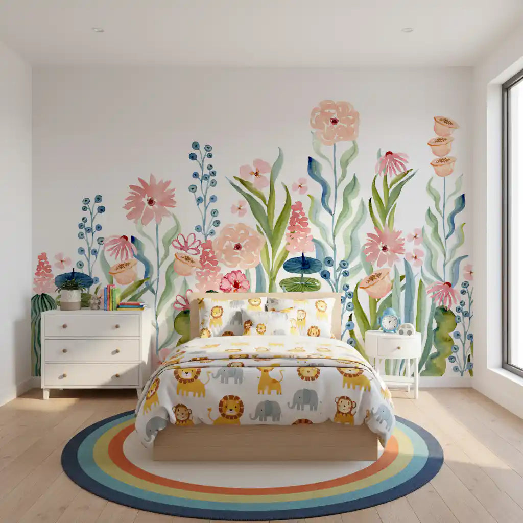 Wandbild „Botanischer Garten mit Aquarellblumenwiese“