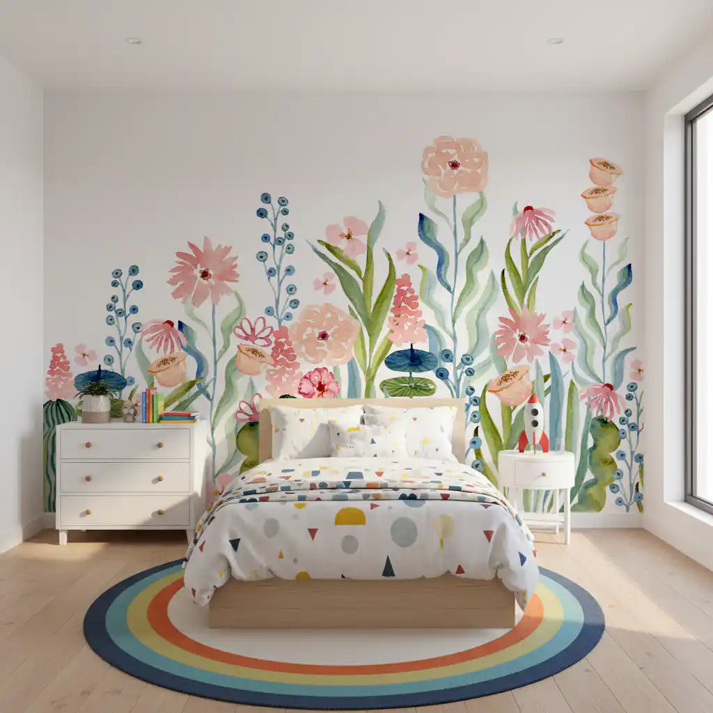 Wandbild „Botanischer Garten mit Aquarellblumenwiese“
