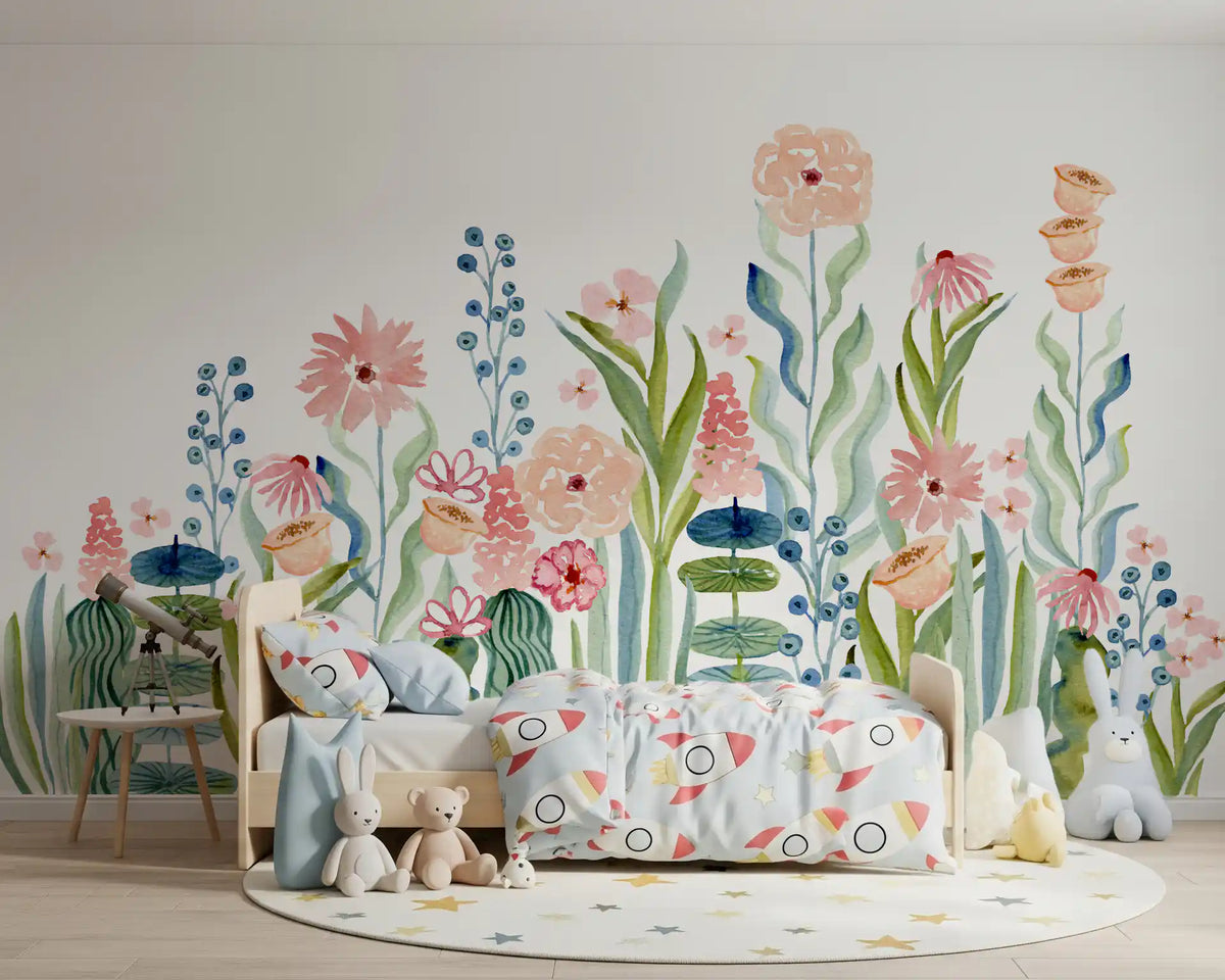 Wandbild „Botanischer Garten mit Aquarellblumenwiese“