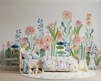 Wandbild „Botanischer Garten mit Aquarellblumenwiese“
