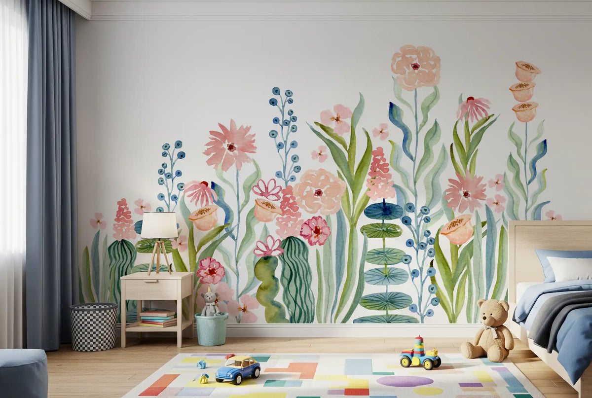 Wandbild „Botanischer Garten mit Aquarellblumenwiese“
