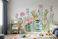 Wandbild „Botanischer Garten mit Aquarellblumenwiese“