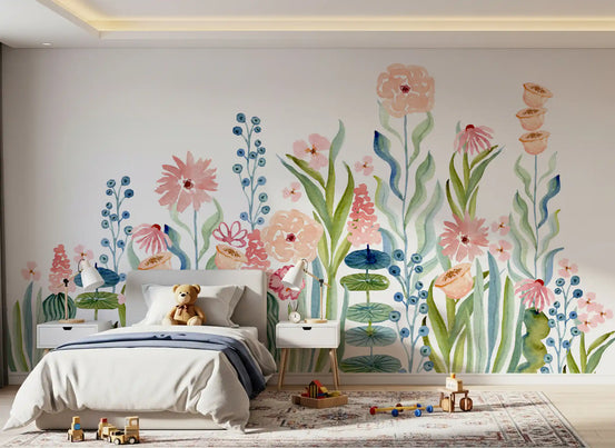 Mural de pared de jardín botánico floral de pradera en acuarela