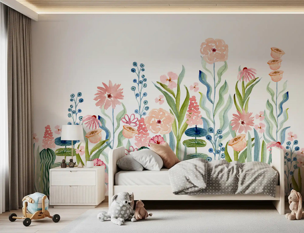 Wandbild „Botanischer Garten mit Aquarellblumenwiese“