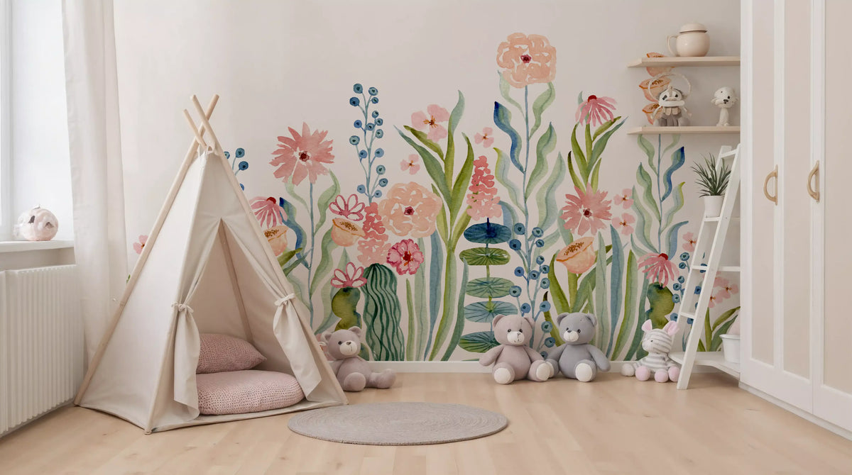 Wandbild „Botanischer Garten mit Aquarellblumenwiese“