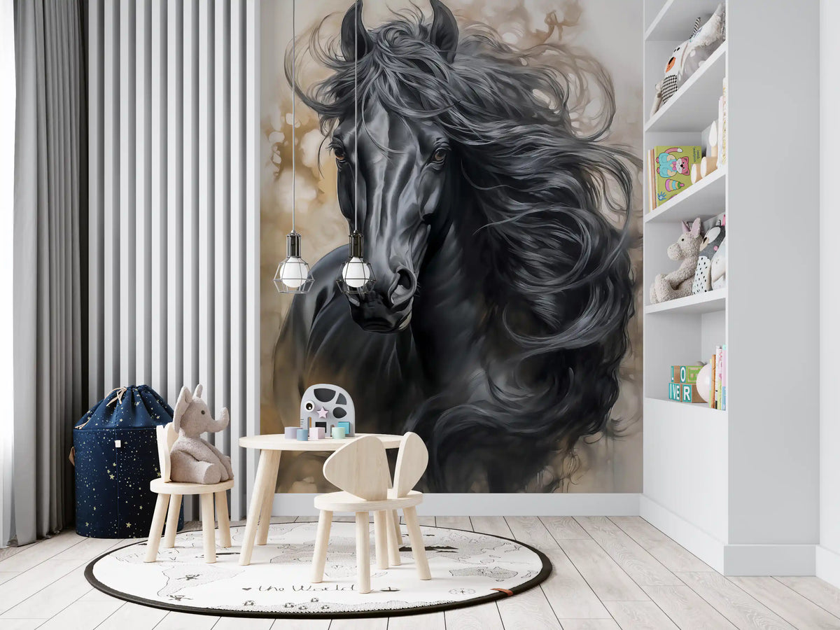 Wandbild mit Porträt eines schwarzen Pferdes