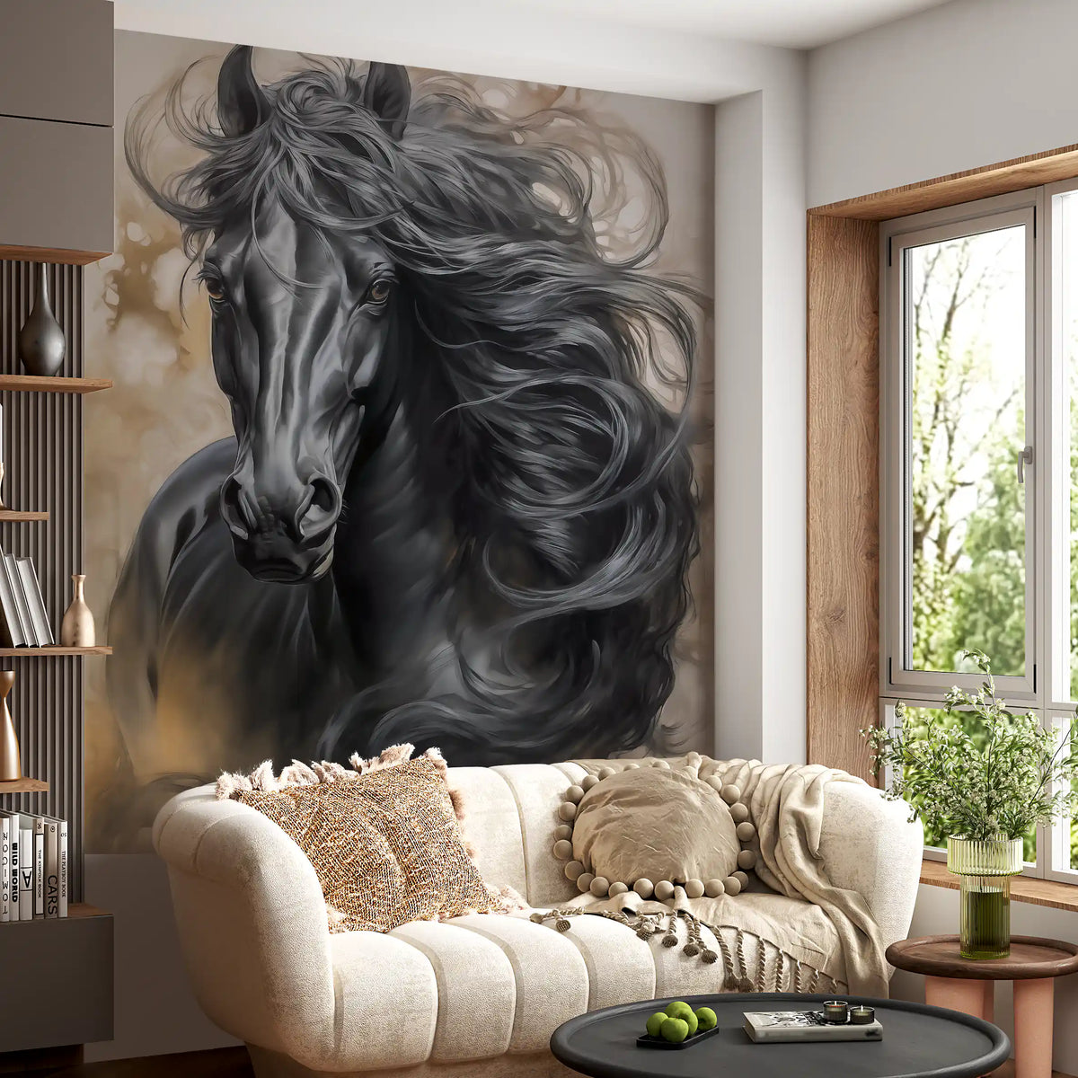 Wandbild mit Porträt eines schwarzen Pferdes