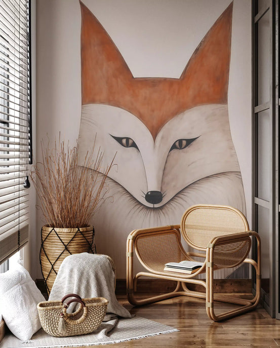 Minimalistisches Wandbild mit Fuchsporträt im Wald