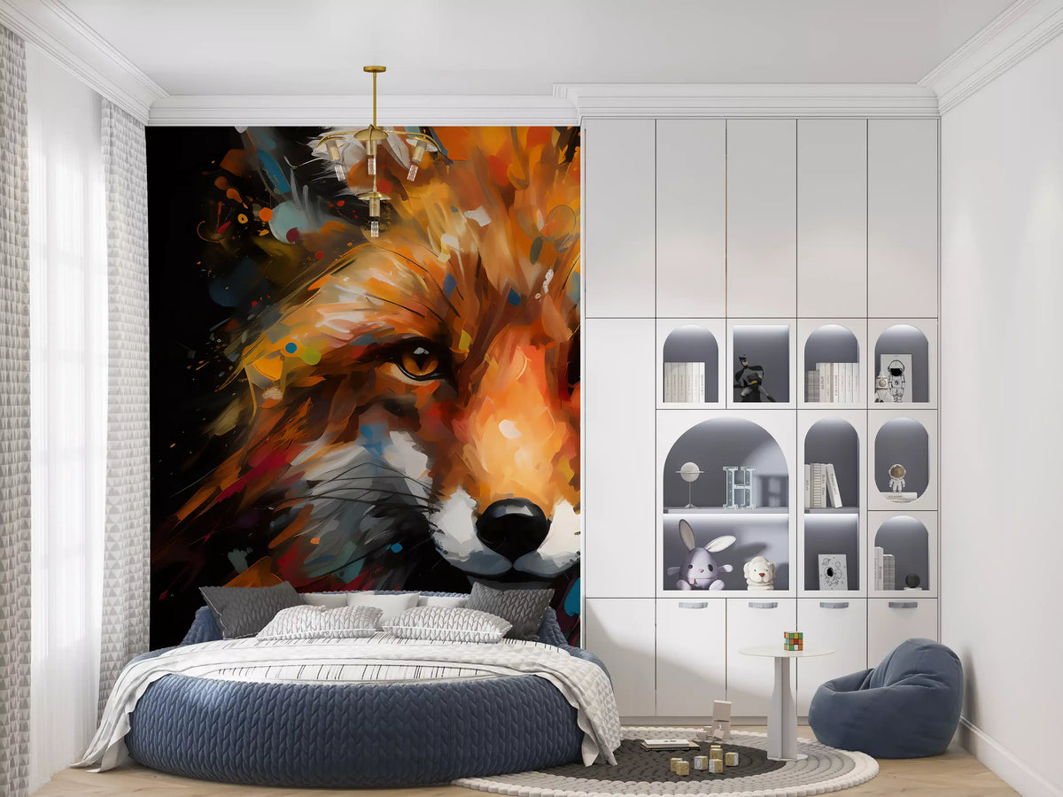 Abstrakcyjny malowany mural ścienny z portretem lisa