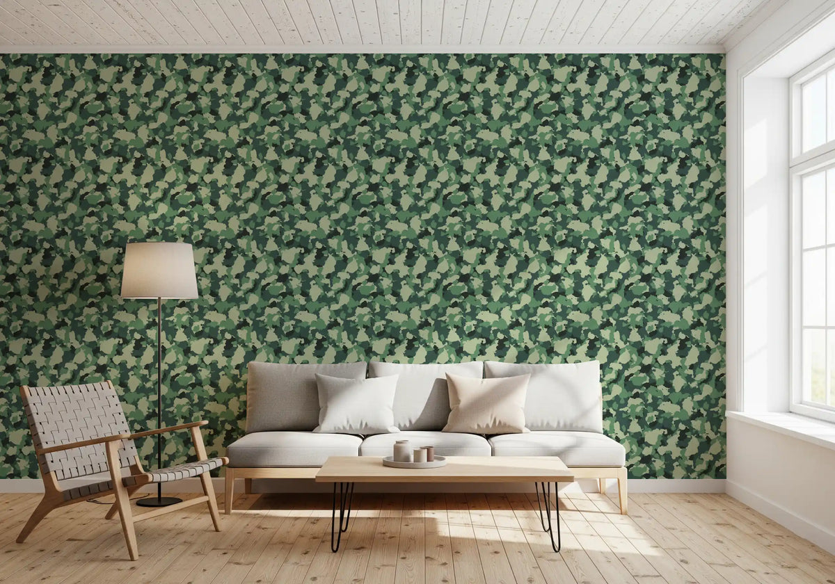 Abstrakt tapet med skovfarvet camouflagetekstur