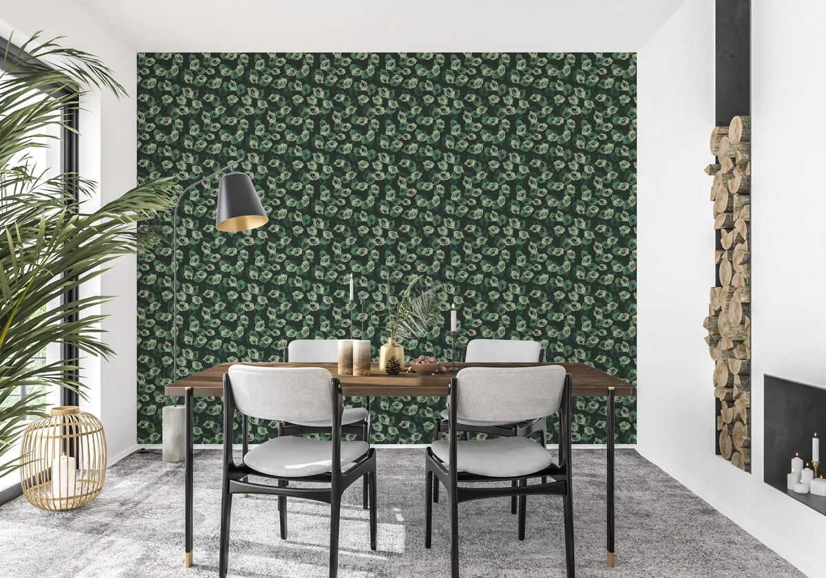 Green wallpaper behind a dark wood dining table, gray chairs and black pendant lamp GD13579