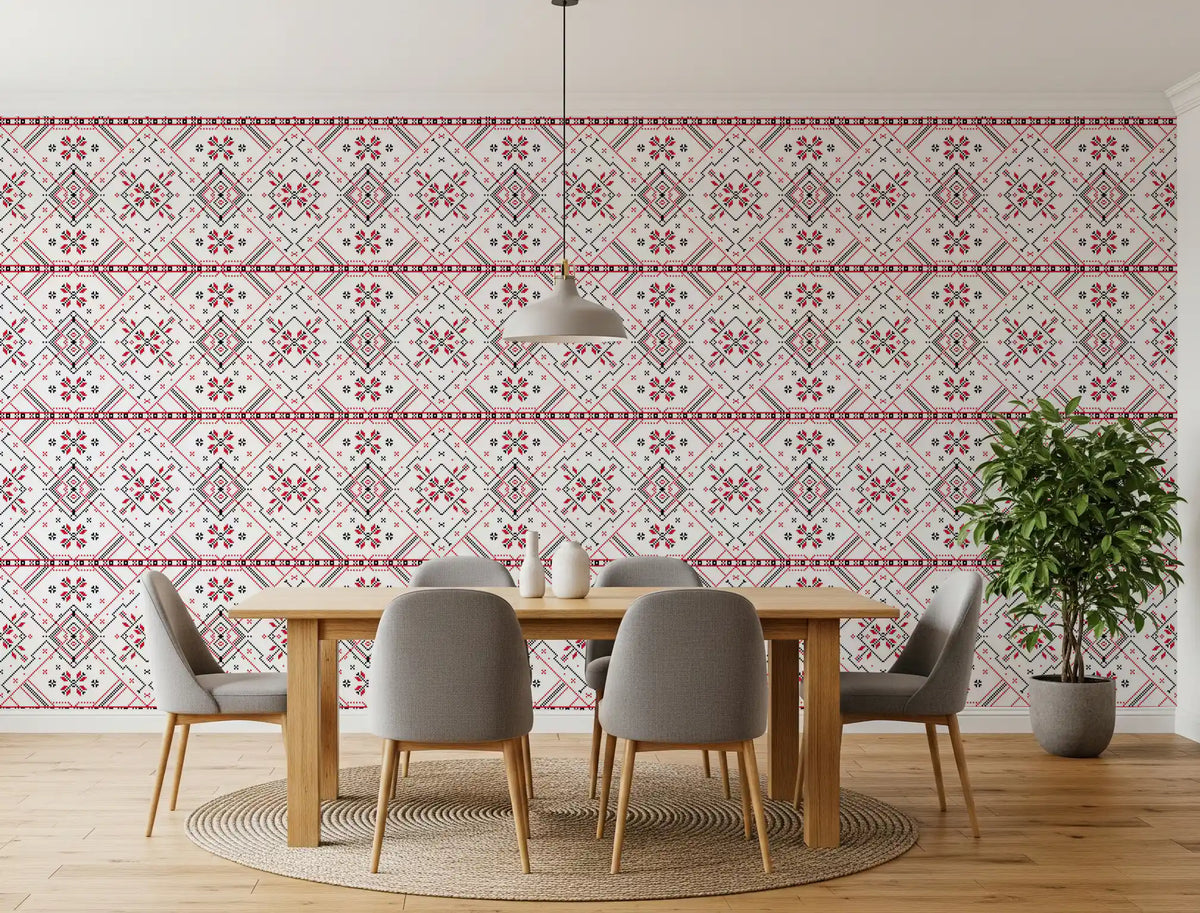 Kansanperinteen geometrinen ristipistokuvioinen tapetti