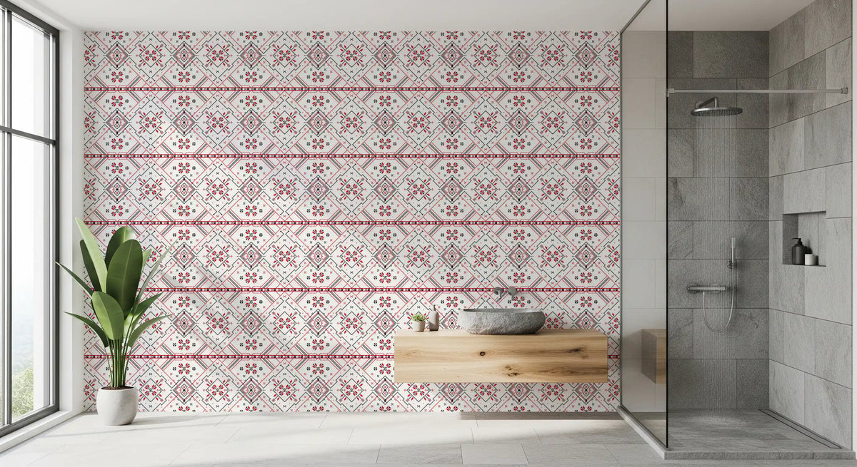 Kansanperinteen geometrinen ristipistokuvioinen tapetti