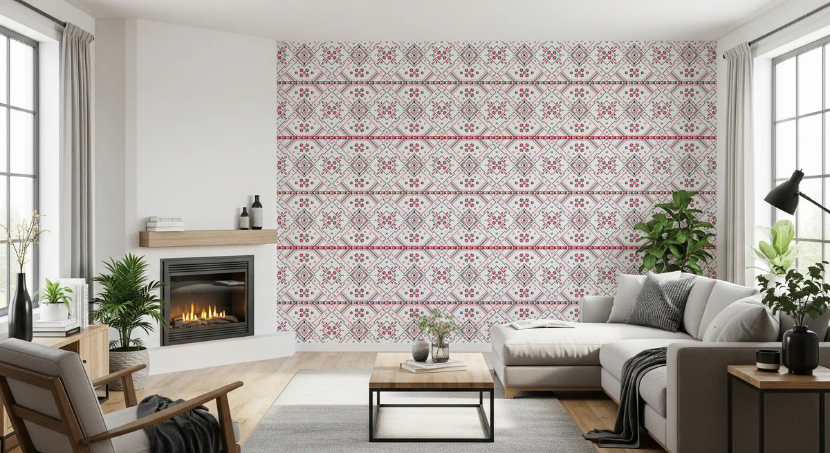 Kansanperinteen geometrinen ristipistokuvioinen tapetti