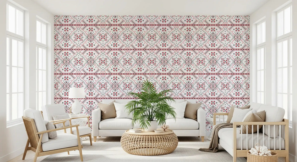 Kansanperinteen geometrinen ristipistokuvioinen tapetti